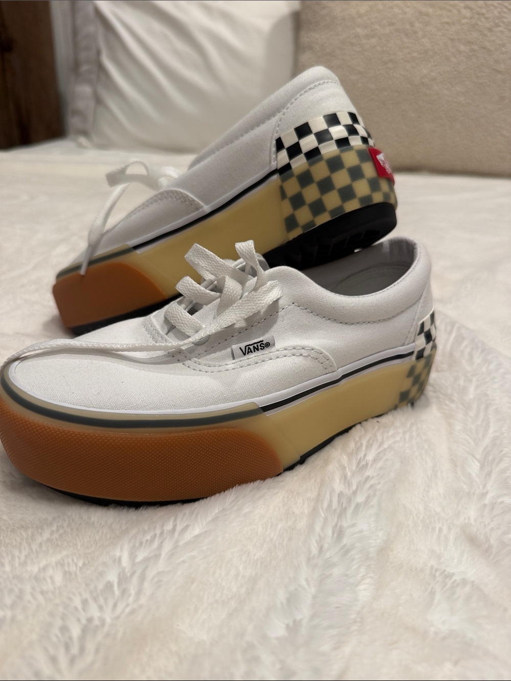 Vans Era Stacked Platform White Black Checkerboard Shoes Womans 5